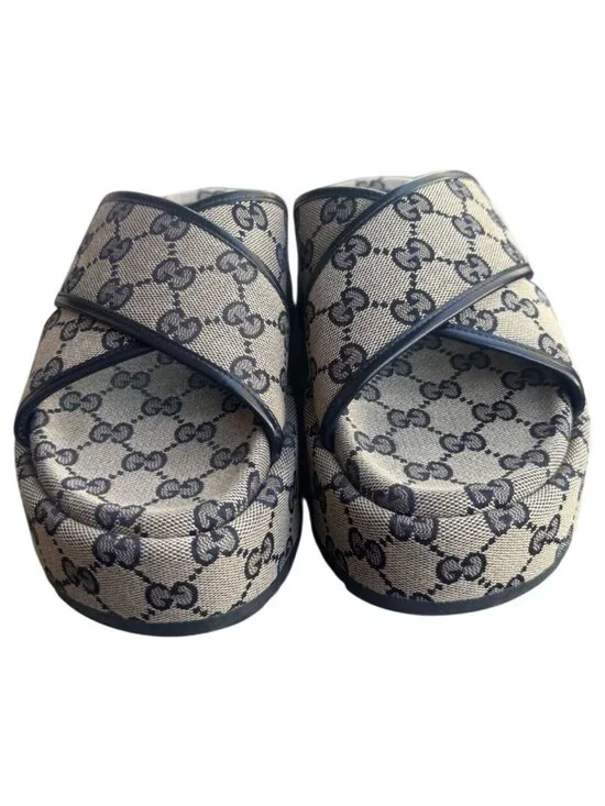 Gucci GG Canvas Platform Sandals Beige/Black Womens Size 36 Made In Italy - Picture 2 of 15